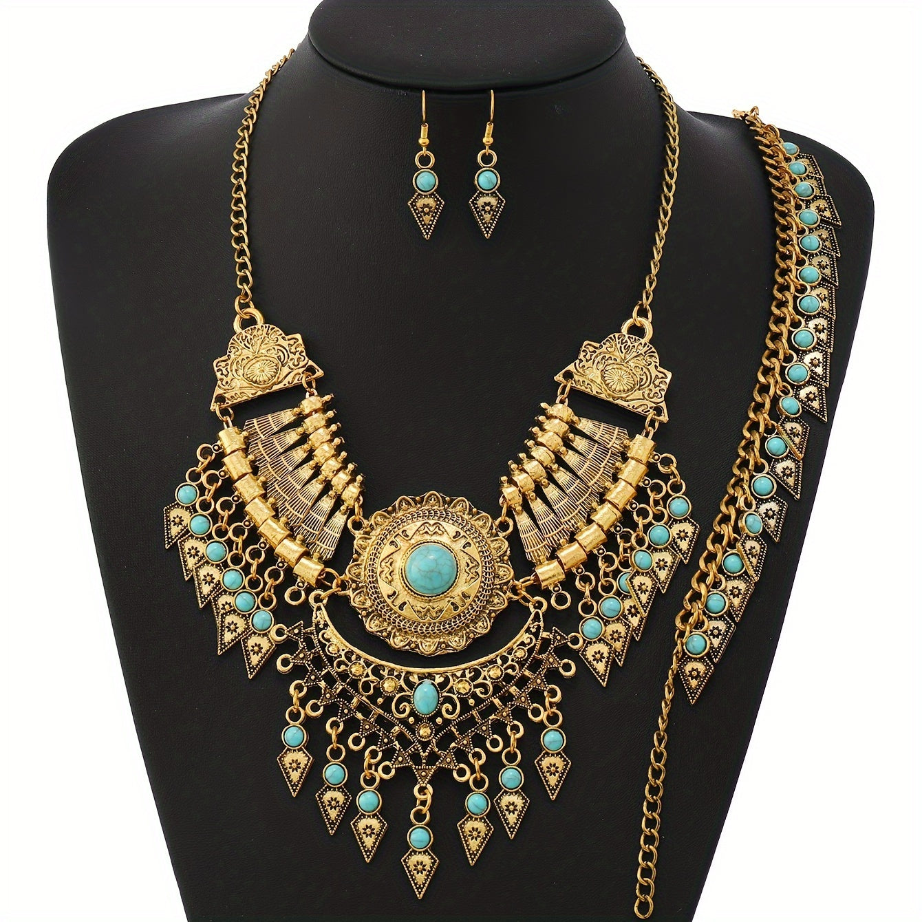 A Stylish Three-Piece Set Featuring a Vintage Multi-Layer Necklace with Tassel Pendants, Perfect for Casual Parties And Ethnic-Themed Events.