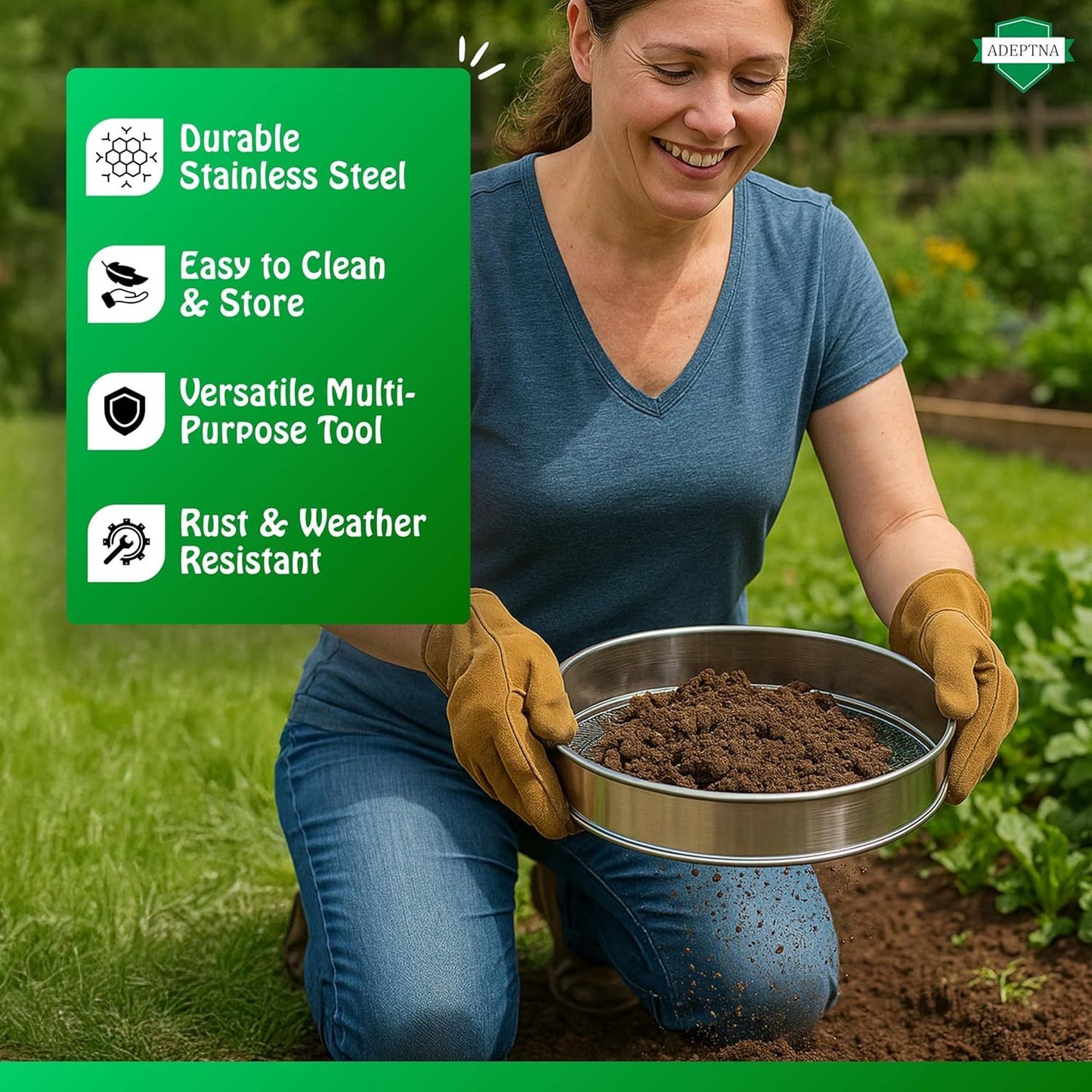 ADEPTNA 5Pcs Stainless Steel Soil Sieve Set Heavy Duty Garden Compost Sifter with 5 Interchangeable Mesh Inserts (3mm, 5mm, 8mm, 10mm, 12mm) Multi-Purpose Sifting Pan for Soil Sand Gravel Compost