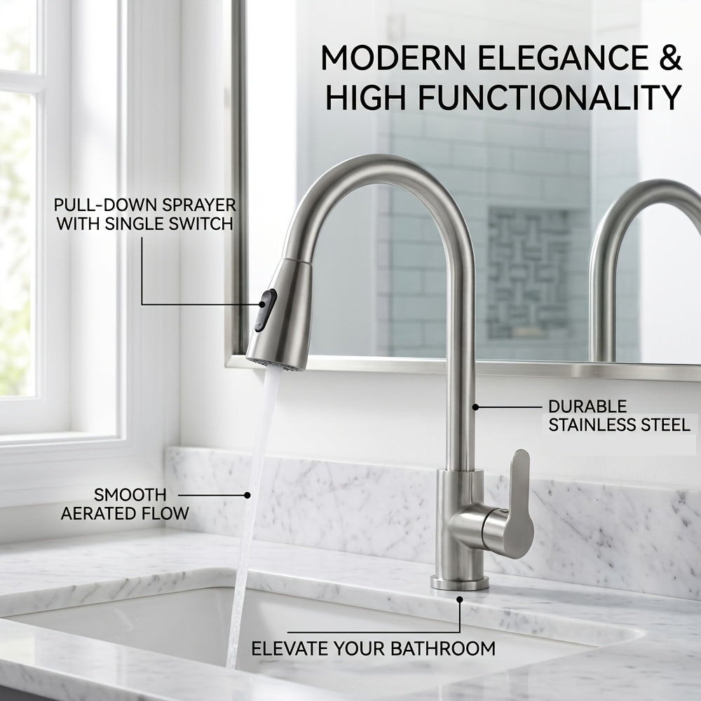 1pc Kitchen Faucet with Pull Down Sprayer, Single Handle Water Kitchen Bathroom Faucet, Stainless Steel Faucet, Two Use Modes Faucets Spray Stream:, Arc 360- Degree Rotary Nozzle Faucets, for Farmhouse, Commercial, Kitchen Bathroom Sink