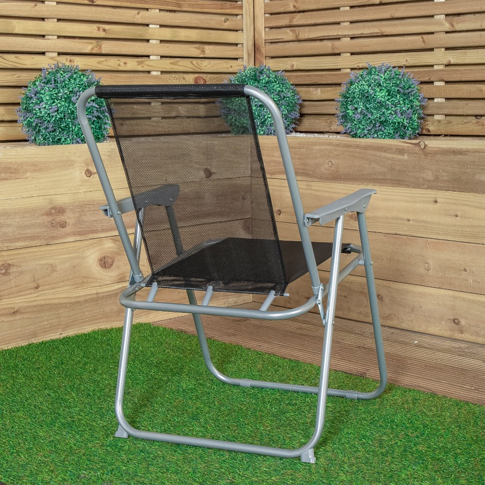 Pack of 2 Foldable Garden Chairs Powder-Coated Grey Metal Frame Black Fabric Seat Lightweight Portable Outdoor Folding Chair