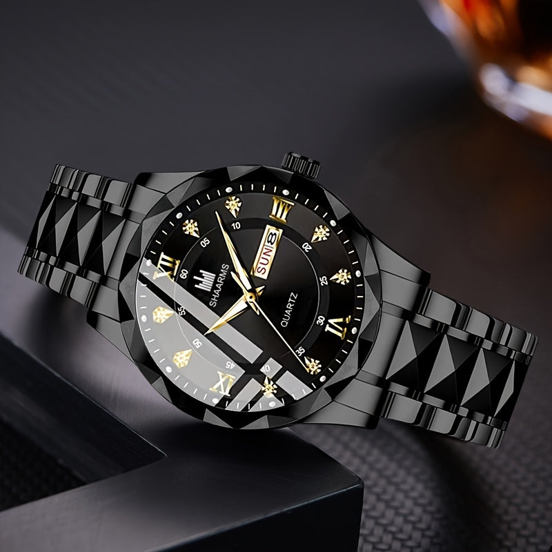 1 New Stainless Steel Band Men'S Quartz Watch Roman Numeral Dial Inlaid with Rhinestones Date Calendar Trendy Fashion Easy Brand Luxury Luminous Sports Leisure Life Travel Business Multi-Function Watch Birthday Gift Holiday Gift Gift Ideal Choice