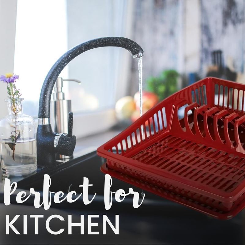 Stylish Dish Drying Rack with Plate Ruby Wine 38.5cm - Durable Plastic Kitchen Organizer Room Utensils - Sturdy