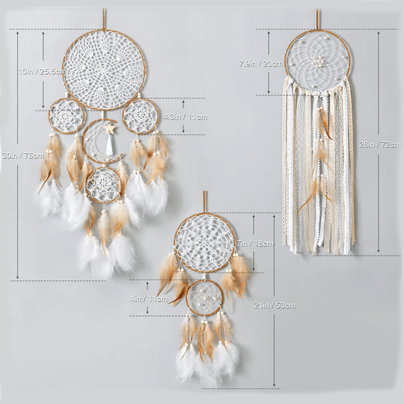 Dream Catcher Set of 5 – Large Boho Metal Moon & Sun Wall Hanging Decor, Handmade Macrame Woven Feather Dream Catchers for Bedroom, Camel Colour, Halloween & Christmas Gift