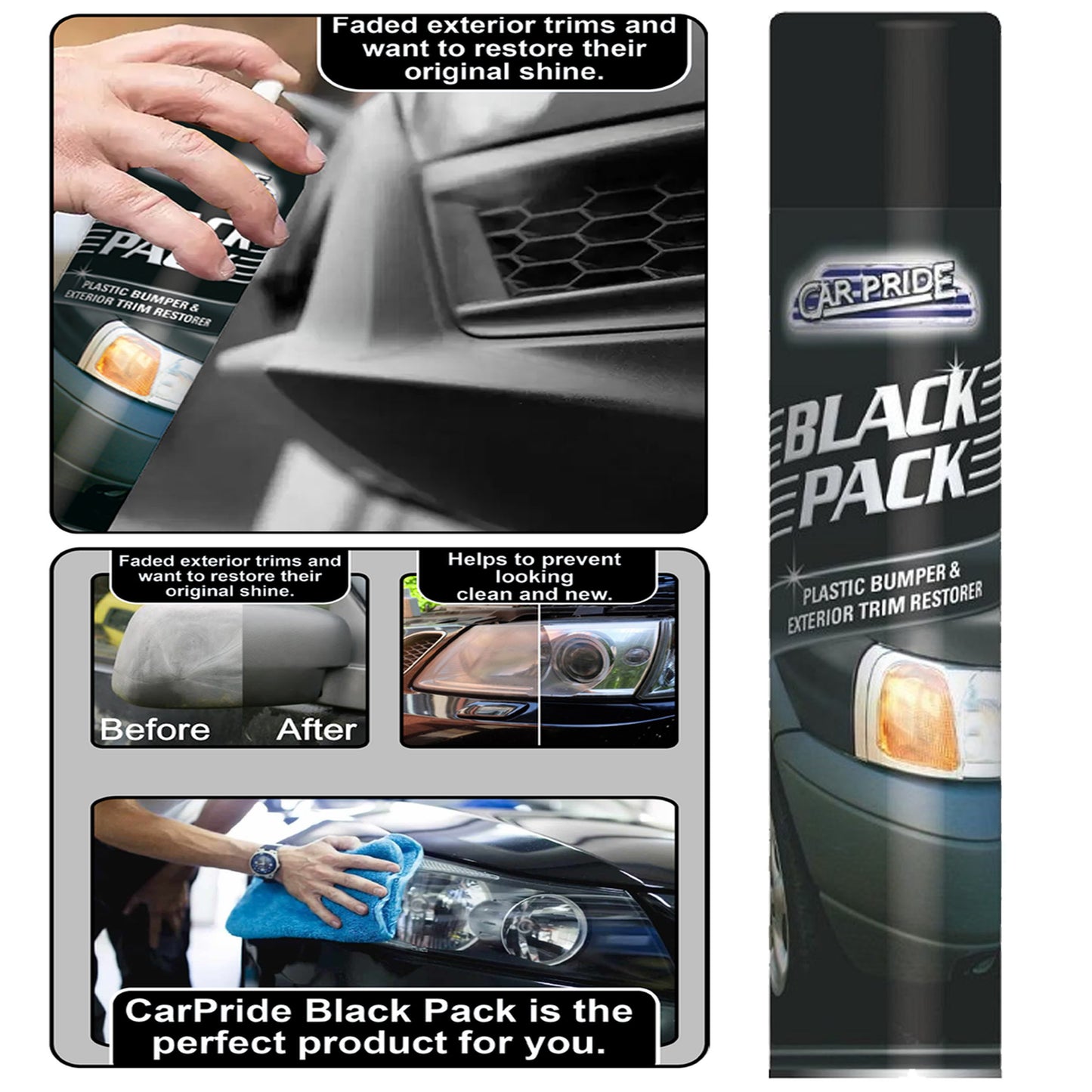 4x Car Pride Black Pack Bumper Restorer 300ml Exterior Plastic Trim Care Solution for Cars, Bumpers & Mouldings, Deep Black Finish & Long-Lasting Appearance