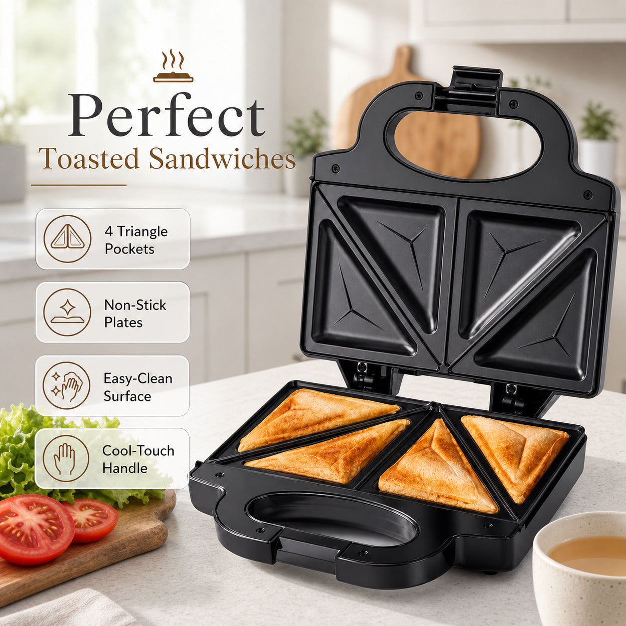 750W Fast Heating Sandwich Toaster – Double-Sided Grill, Non-Stick Plastic Electric Panini Press & Toastie Maker, Cool Touch Handle, Vertical Storage Kitchen Appliance