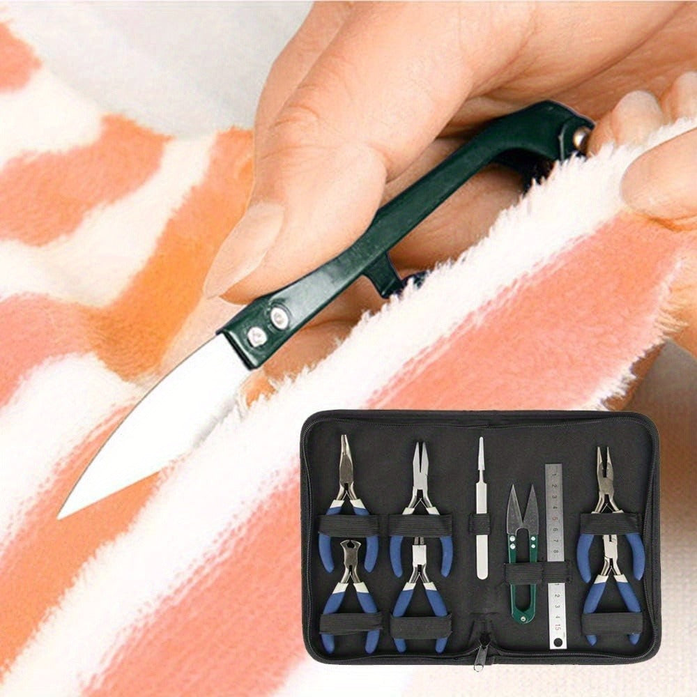 Jewellery Making Pliers Set 9 Piece Carbon Steel Tool Kit with Zipper Case Round Nose Long Nose Bent Nose Flat Nose Diagonal Cutters Scissors Tweezers Ruler for Beading Necklace Craft