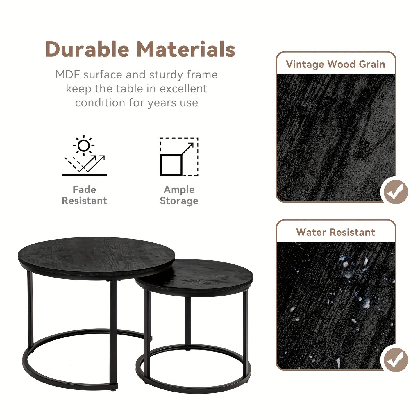 Round Coffee Table Nesting Table Set of 2, Side Table for Living Room, Multi-Functional Side Table, Metal Frame with Wood Sofa Table, Stacking Side Table for Bedroom, Balcony