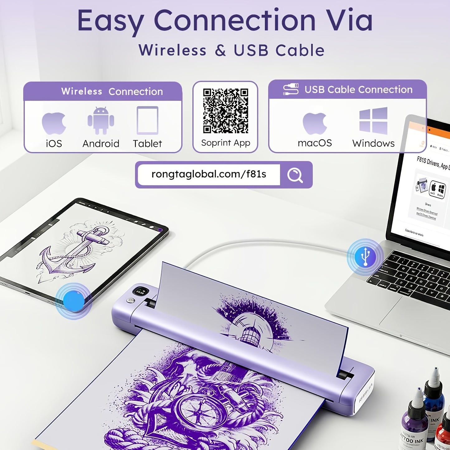 Rongta F81S Portable Printer Kit, Professional Tattoo Stencil Thermal Printer, Works with IOS, Android Mobile Devices And Computer PC, Comes with 5 Sheets Transfer Paper, for Precise DIY Tattoo Stencil Printing, Purple