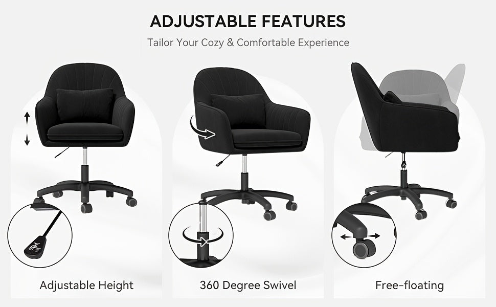 Home Office Chair, Swivel Desk Chair Height Adjustable, Velvet Chair with Pillow Vanity Chair, 360° Rotatable, Makeup Chair, for Study Room Bedroom, Up to 150kg