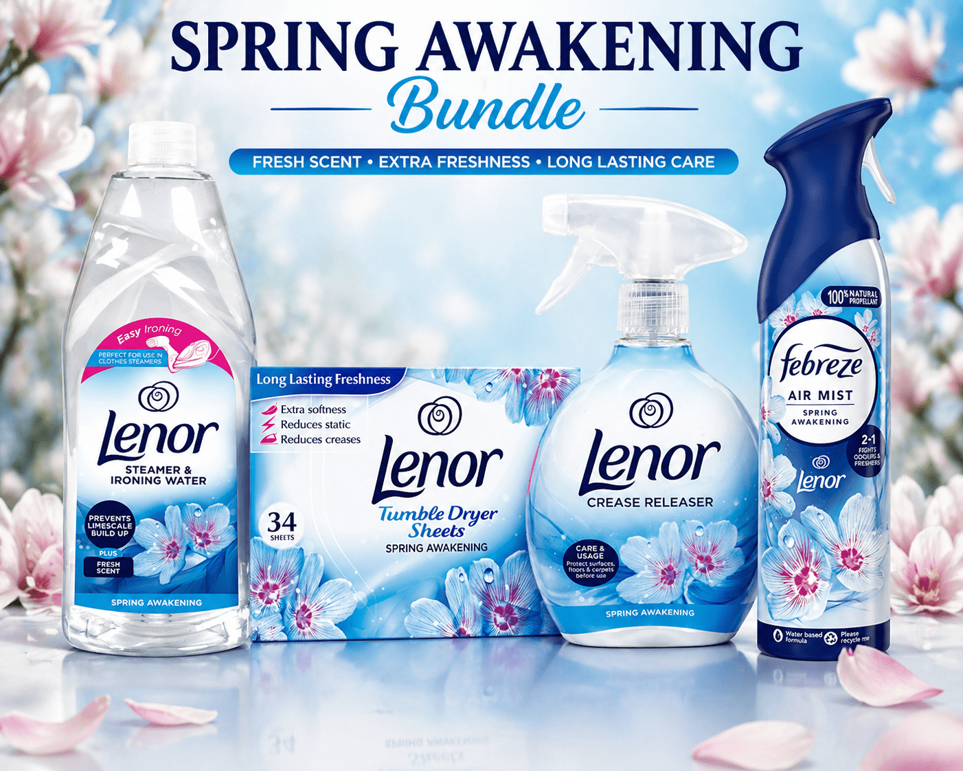 Lenor Spring Awakening Complete Laundry Care Bundle – Crease Releaser Spray, Tumble Dryer Sheets (34), Steamer & Ironing Water, Febreze Air Mist – Long Lasting Freshness & Easy Ironing
