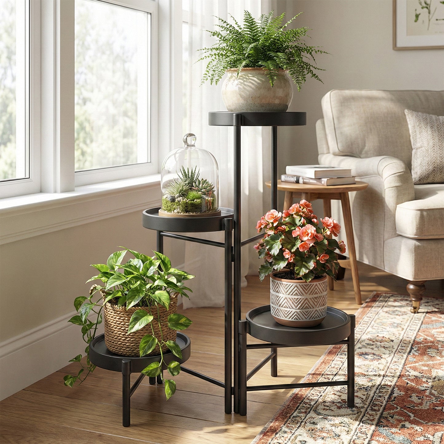 Metal Plant Stand with - Floor-Standing Indoor/Outdoor Shelf, Layered Flower Pot Display for Succulents, Herbs, Potted Plants - Sturdy Iron Shelf with - for Living Room, Balcony, - Modern & traditional Decor, -Free