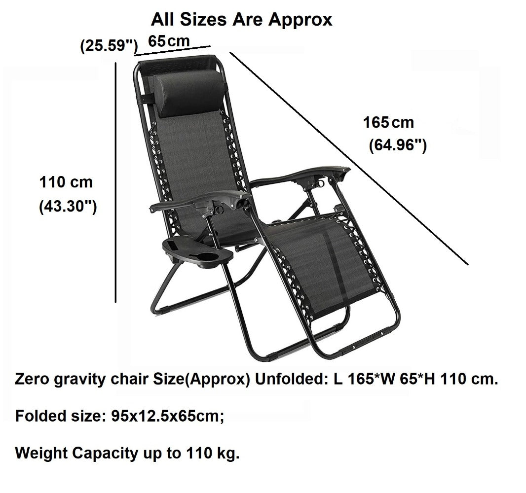 Zero Gravity Garden Chairs Set of 2 with Cup & Phone Holder – Reclining Sun Lounger Outdoor Recliner Folding Beach Chair Black
