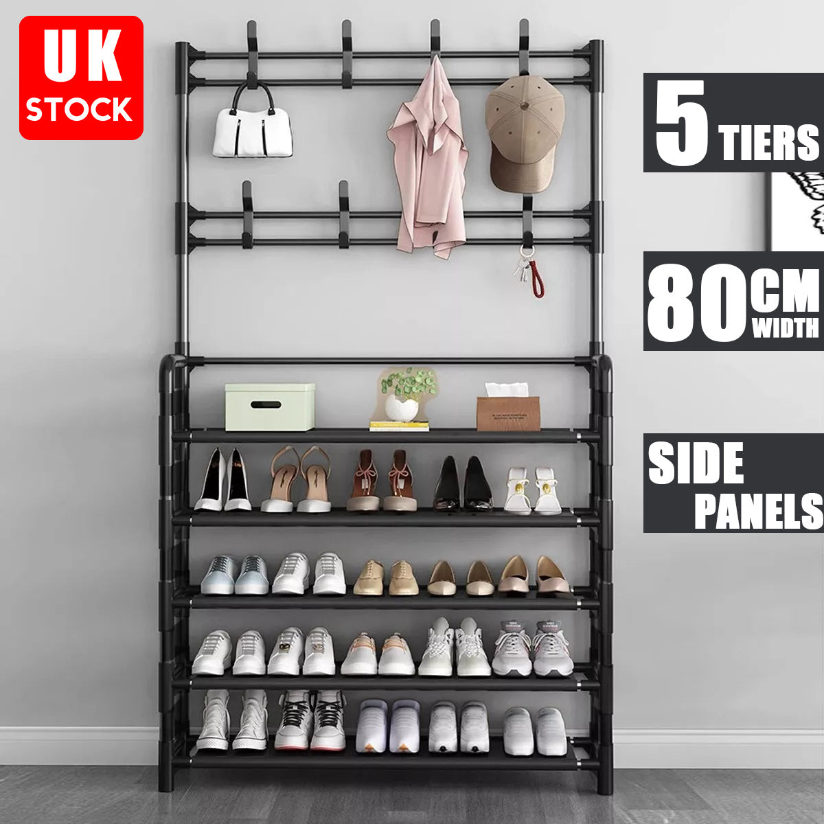 1pc Black Coat Rack Shoe Storage 5 Tiers Metal Stand 8 Hooks Shelves 80Cm Widen for Living Room Bathroom Hallway Office Xmas Gift