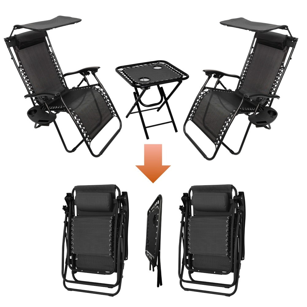 Zero Gravity Sun Lounger Set 3 Piece with Folding Table Canopy Shade Cup Holder Reclining Garden Patio Beach Chairs Breathable Mesh Black