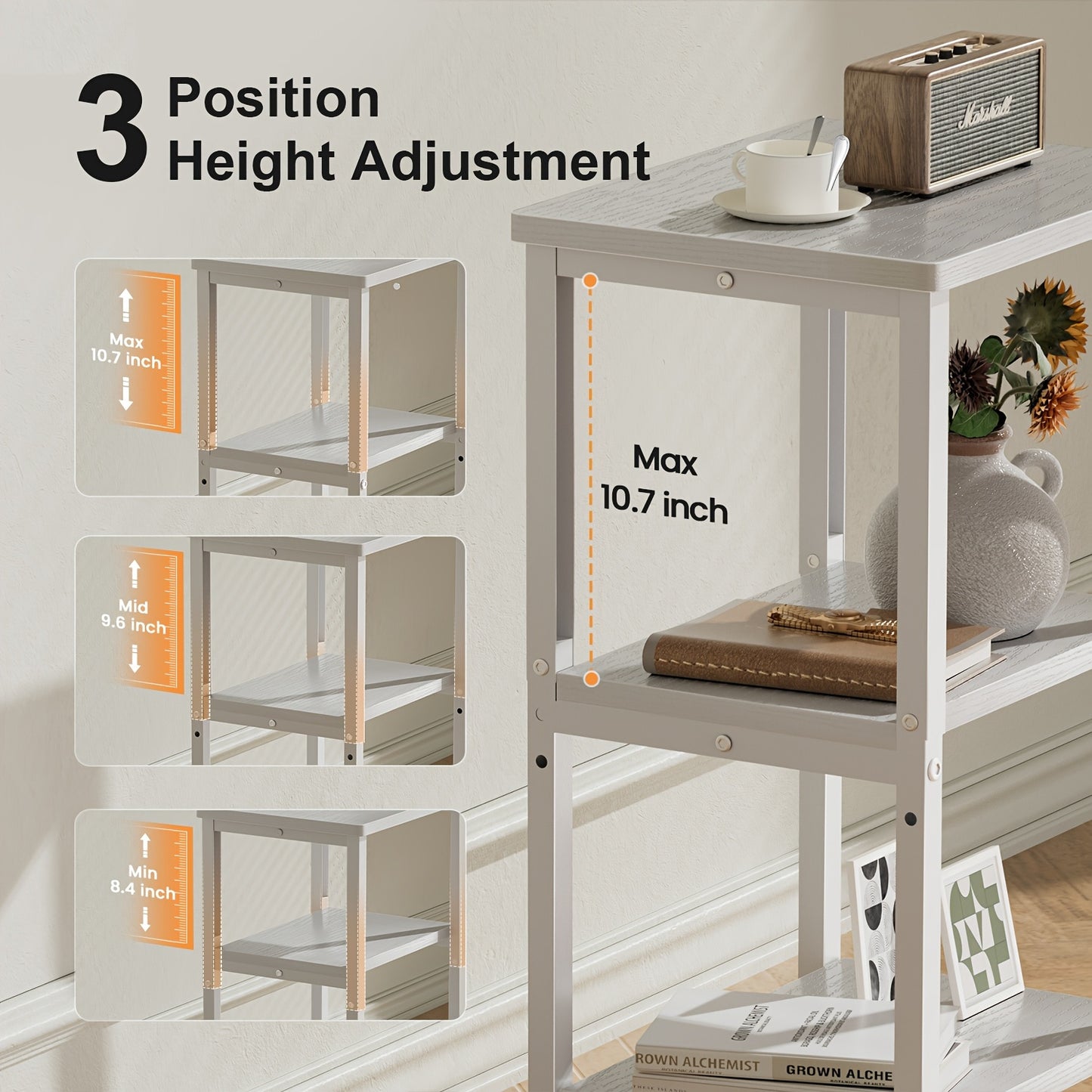 Bookshelf, Sofa Side Table Living Room, Industrial End Table With 3-Tier Storage Shelves, Bedside Tables With Height Adjustable, Steel Frame, Nightstand 37 x 30 x 59.4/62.4/65.4 cm, 4 Colors