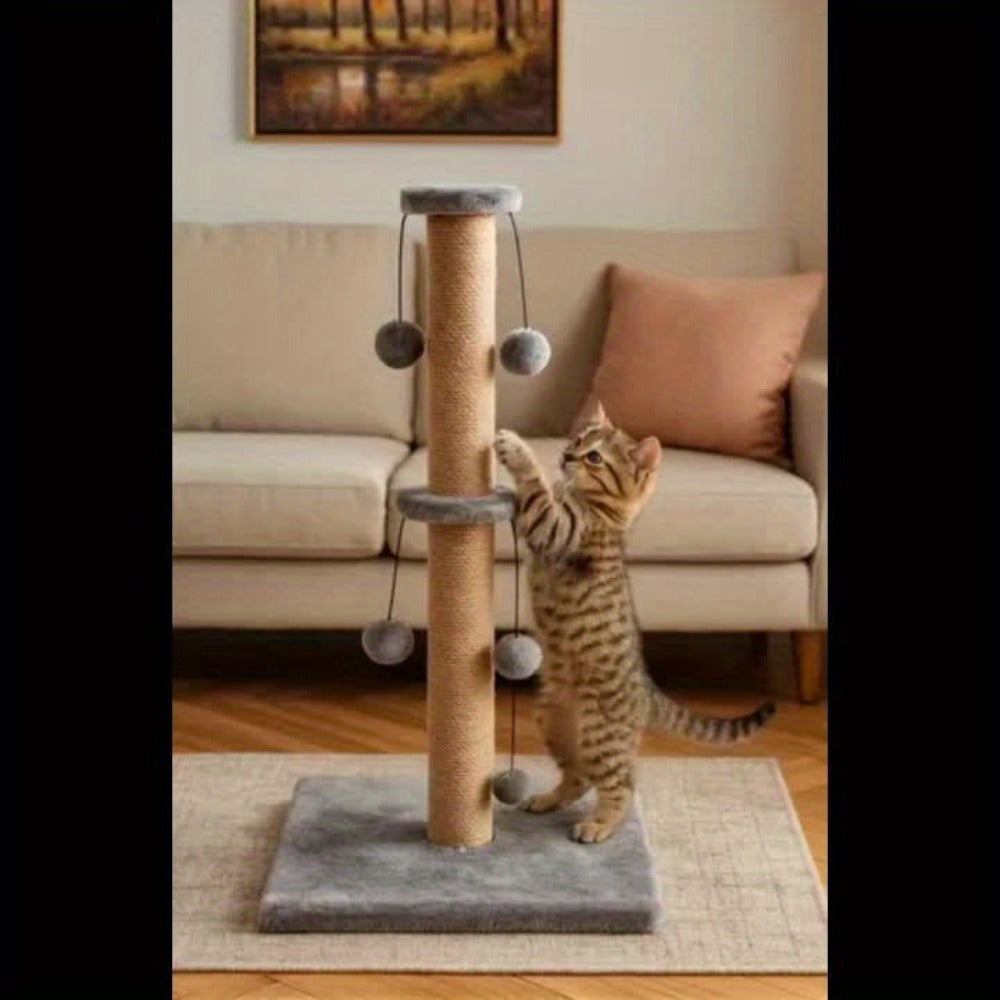 Tall Cat Scratching Post 74cm with Toy Balls – Natural Sisal Scratch Pole, Plush Base, Stable Heavy Base, Indoor Cat Scratcher for Kittens & Adults, Easy Assembly, Grey