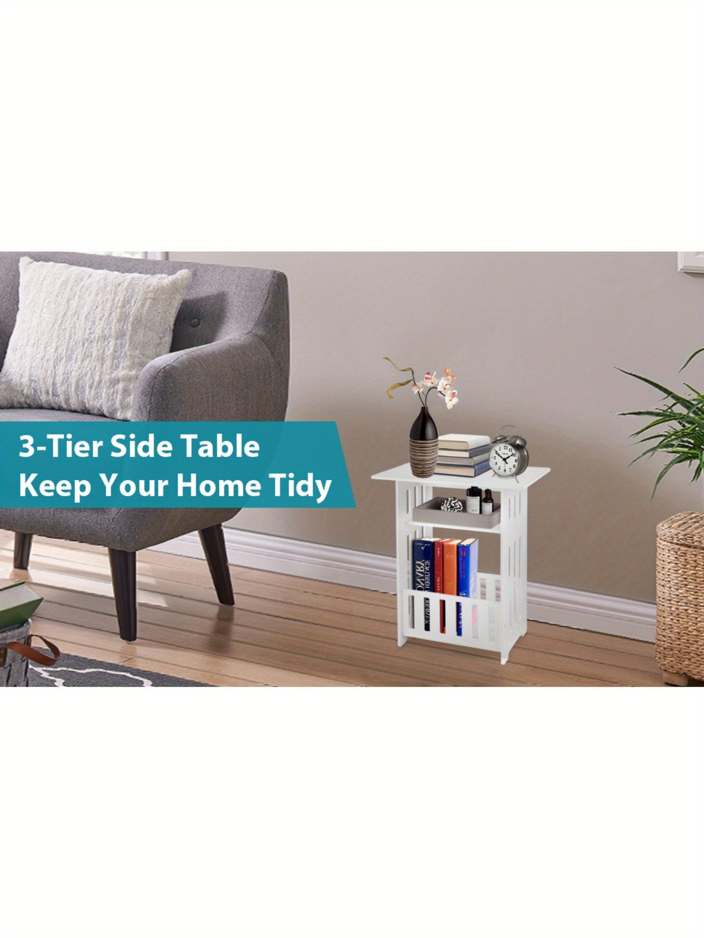 Youyijia Compact Three-Tier Side Table - Contemporary Wooden Nightstand in White for Home, Bedroom, Living Room, Hallway, Or As a Coffee Table