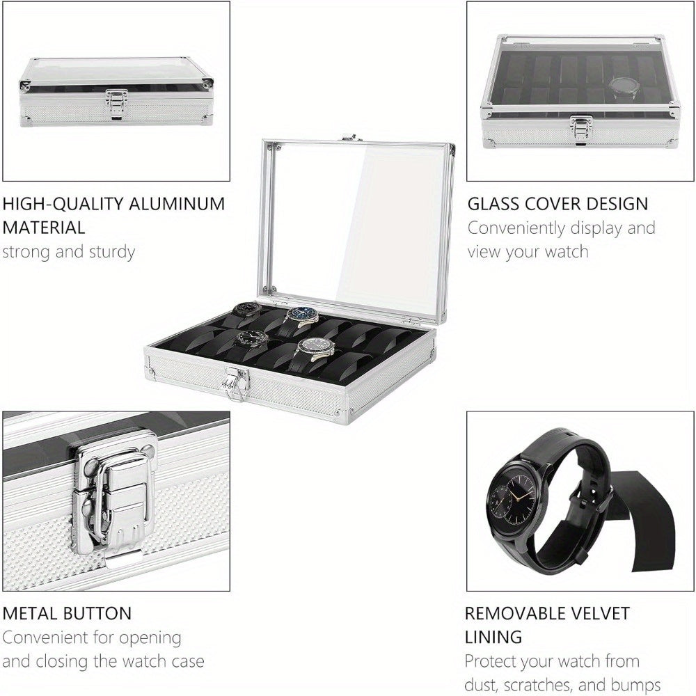 Watch Box with 12 Slots Watch Display Storage Case Aluminium Watch Case with Removable Watch Cushion Display Lid Velvet Lining Metal Clasp for Men Women (Silvery)