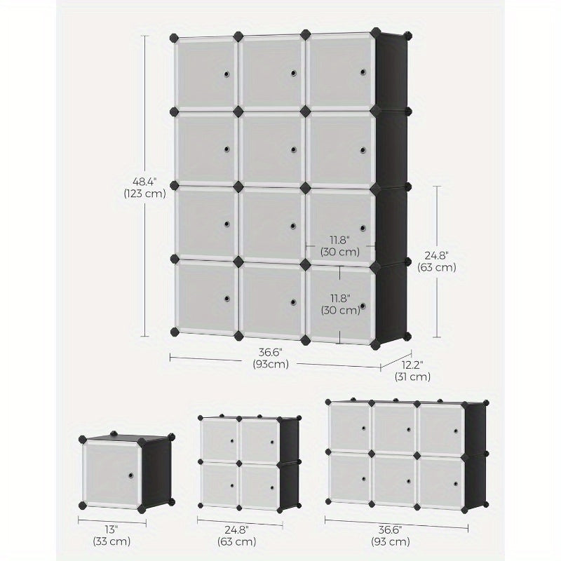 12-Cube Storage Unit, Shoe Rack, Stackable Cubes, Plastic Closet Cabinet, Wardrobe, with Doors, for Bedroom, Office, Easy to Assemble