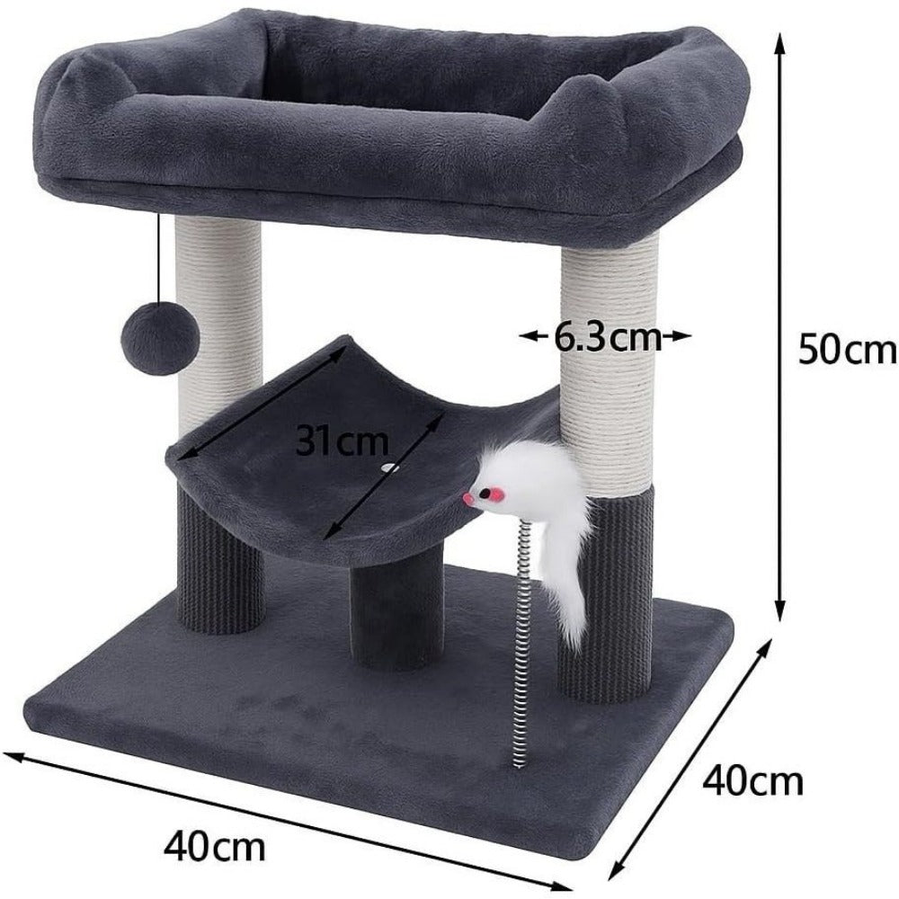Grey Cat Tree Tower 50cm with 2 Sisal Scratching Posts, Cosy Condo, Dangling Ball & Spring Mouse – Compact Indoor Climbing Frame for Kittens & Small Cats