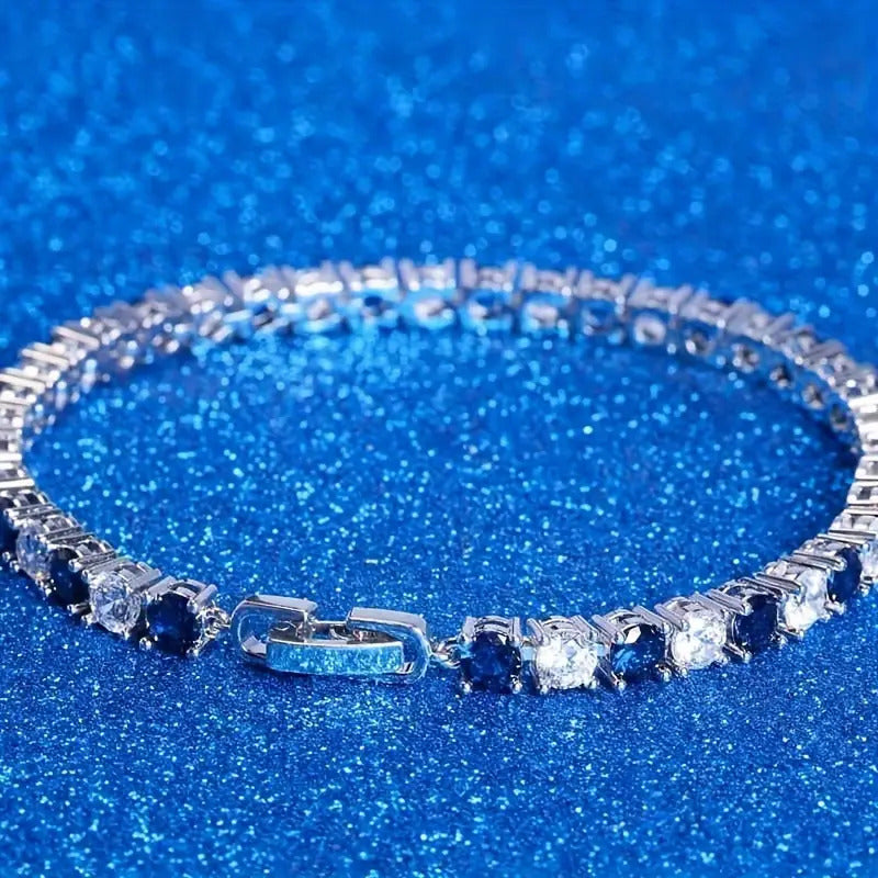 925 Sterling Silvery Fashion Elegant Blue Super Flash Zirconia Tennis Bracelet, Round Cut 5A Zirconia Tennis Bracelet, Suitable for Valentine'S Day, Wedding Anniversary, Christmas, Various Festivals, Special Occasions, Boutique Gift Box