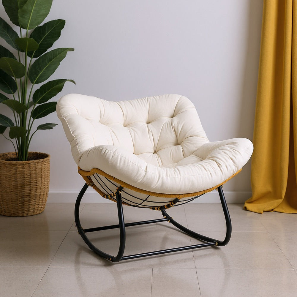 Oversized Rattan Egg Rocking Chair with Cushioned Seat Metal Frame Garden Patio Indoor Outdoor Ergonomic Stress Relief Lounge Chair