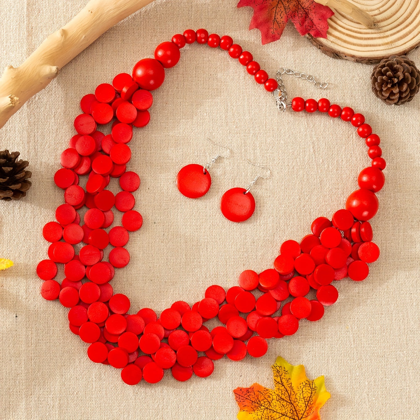3pcs Bohemian Style Wooden Multi-Layer Necklace And Earrings 7 Colors Optional Women'S Jewelry Set