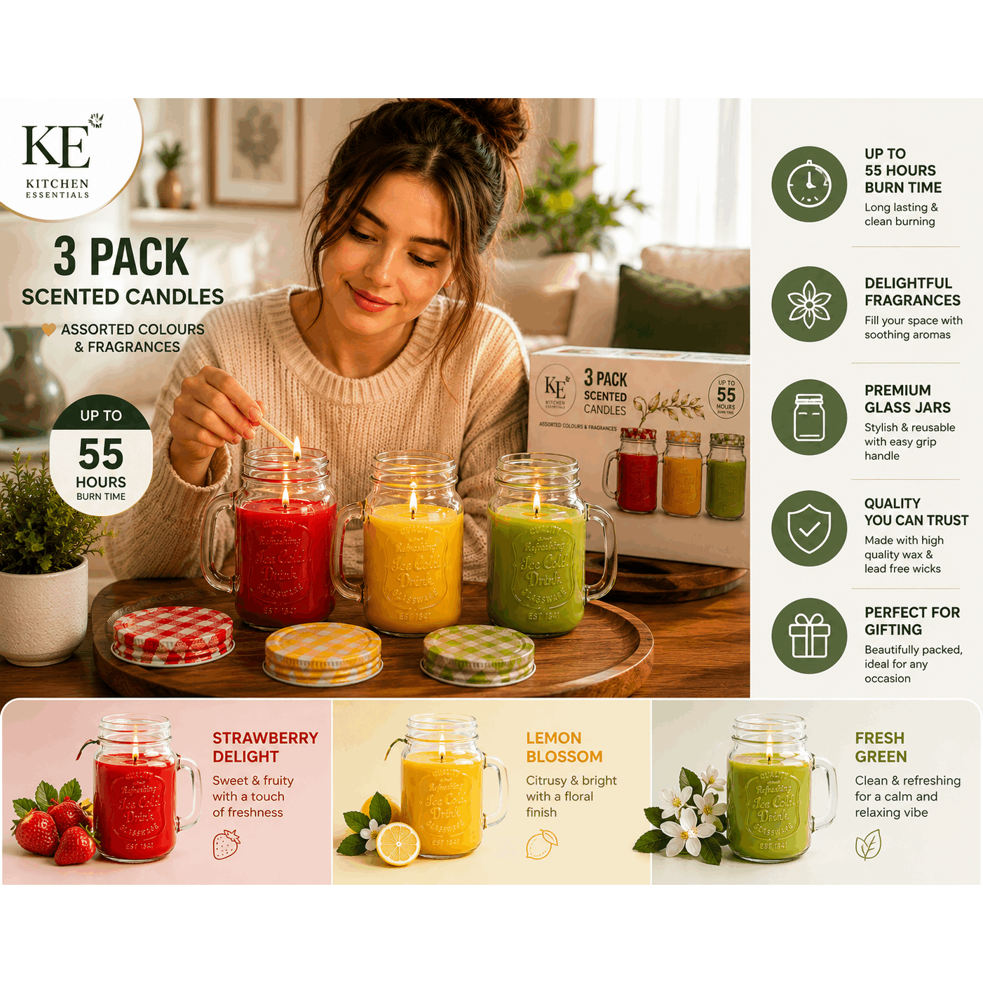 3Pack Jar Scented Candles 55 hours burn time and delightful fragrance Assorted Colors and Fragrances 3 Pieces