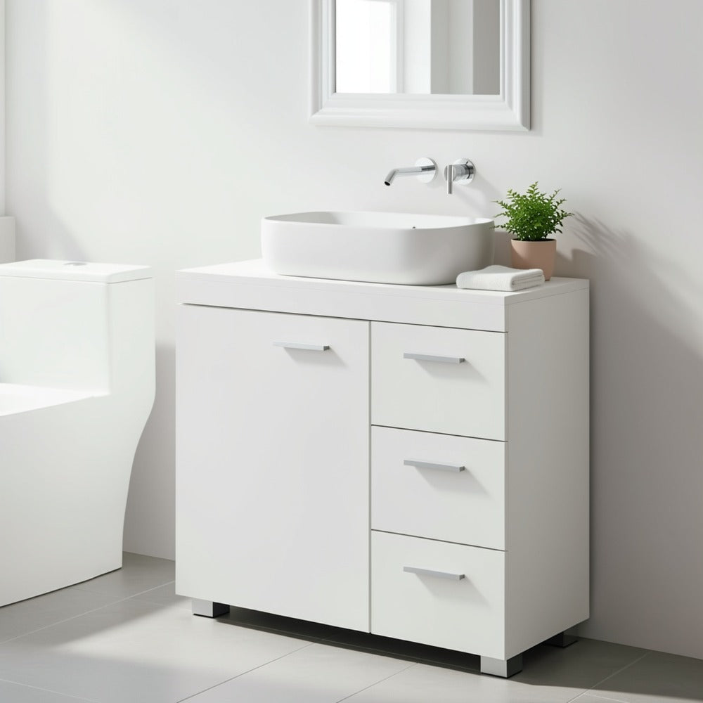 Under Sink Bathroom Cabinet with 3 Drawers for Pedestal Washbasin – Space-Saving Bathroom Storage Unit, 30x70x64cm, Cloud White