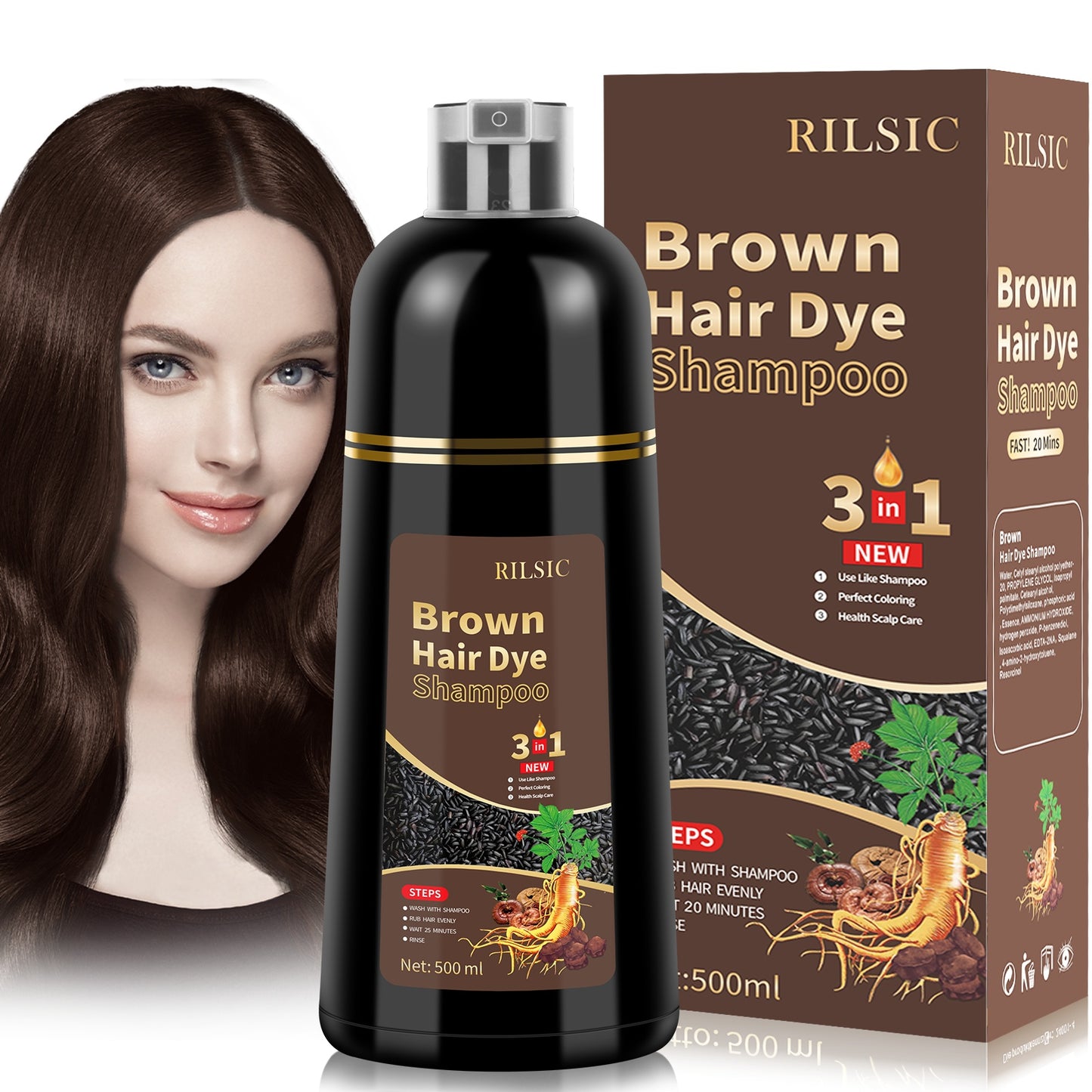 Herbal Hair Dye Shampoo 500ml – 3-in-1 Instant Grey Hair Colour Shampoo for Men & Women, Natural Formula with Gloves & Accessories Kit | ShopVora UK