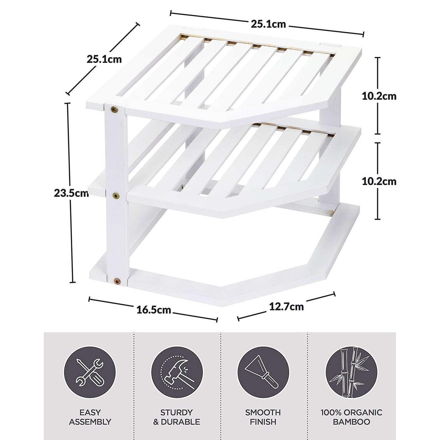 Bamboo Cabinet Shelf Organiser - 3 Tier Corner Shelf for Kitchen & Bathroom Countertop Cabinet Organiser Plate Rack Tidy Cupboard Shelf Insert Storage Organisation