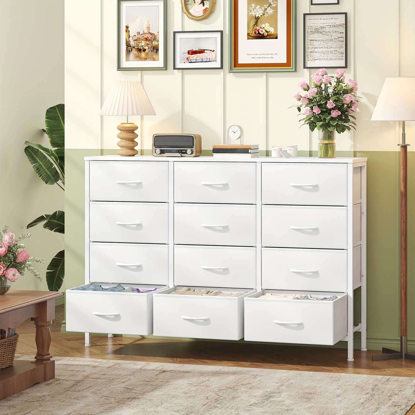 12 Canvas Chest Of Drawers Narrow Fabric Cabinet, Space-Saving Storage Organizer For Bedroom Living Room Office Sturdy Frame Chest Of Drawers