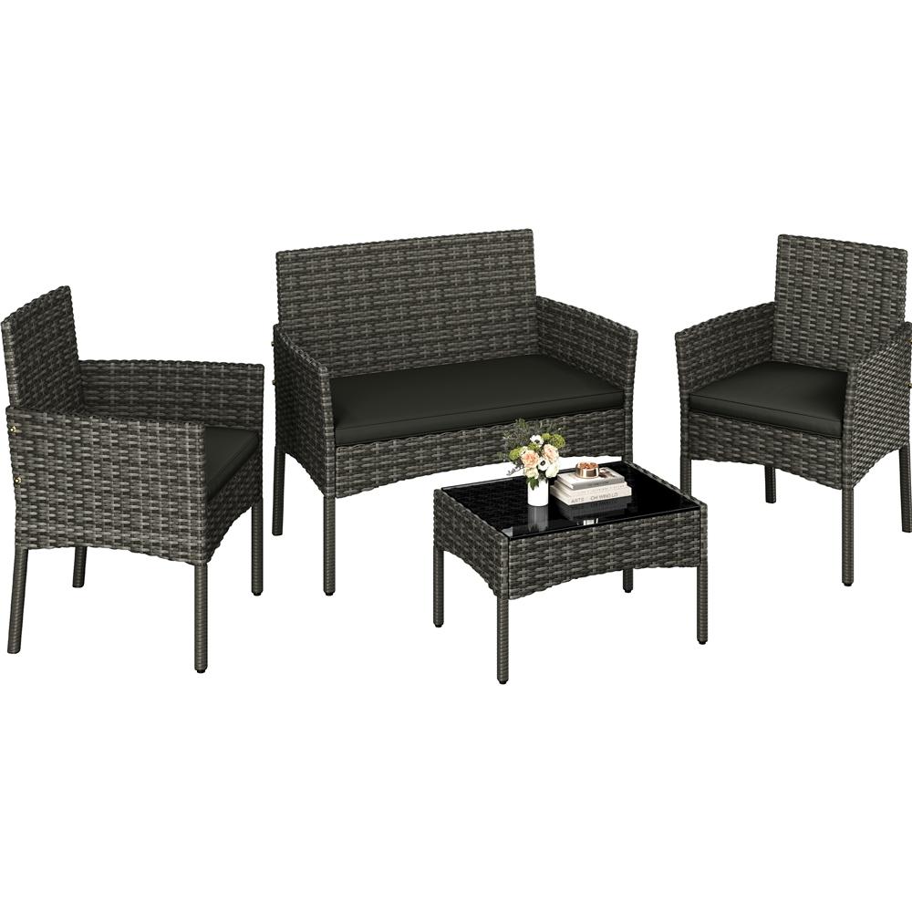 4-Piece Rattan Garden Sofa Set with Coffee Table, PE Rattan Outdoor Conversation Furniture Set with 2-Seat Sofa, 2 Armchairs & Tempered Glass Table, Thick Cushions Included