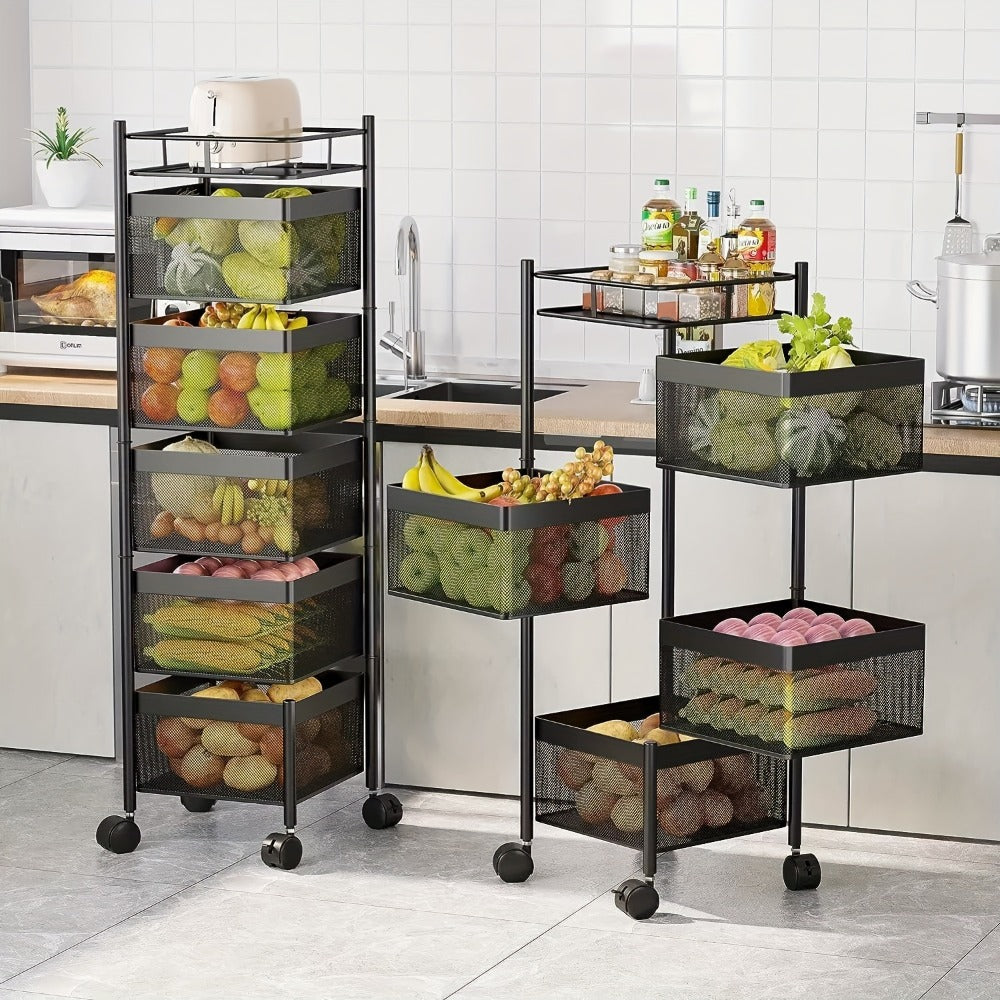 6-Tier Rotating Kitchen Storage Trolley with 5 Baskets – Carbon Steel Vegetable Fruit Rack on Wheels for Kitchen, Pantry & Laundry