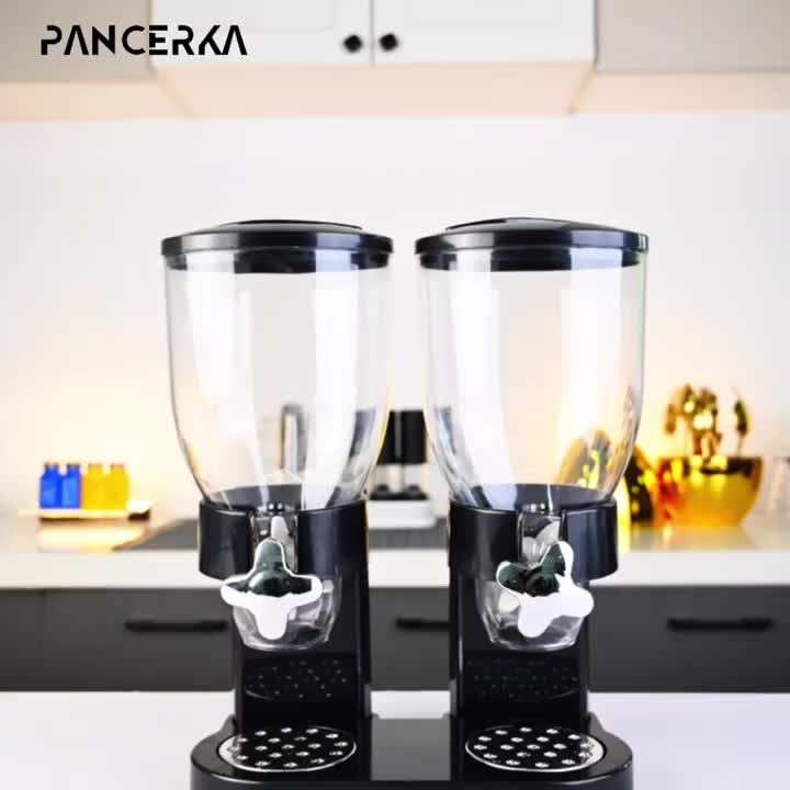 Black Plastic Dual-Chamber Grain Dispenser, Kitchen Oats and Snacks Storage Container, Breakfast Cereal Dispenser, 4L Large Capacity