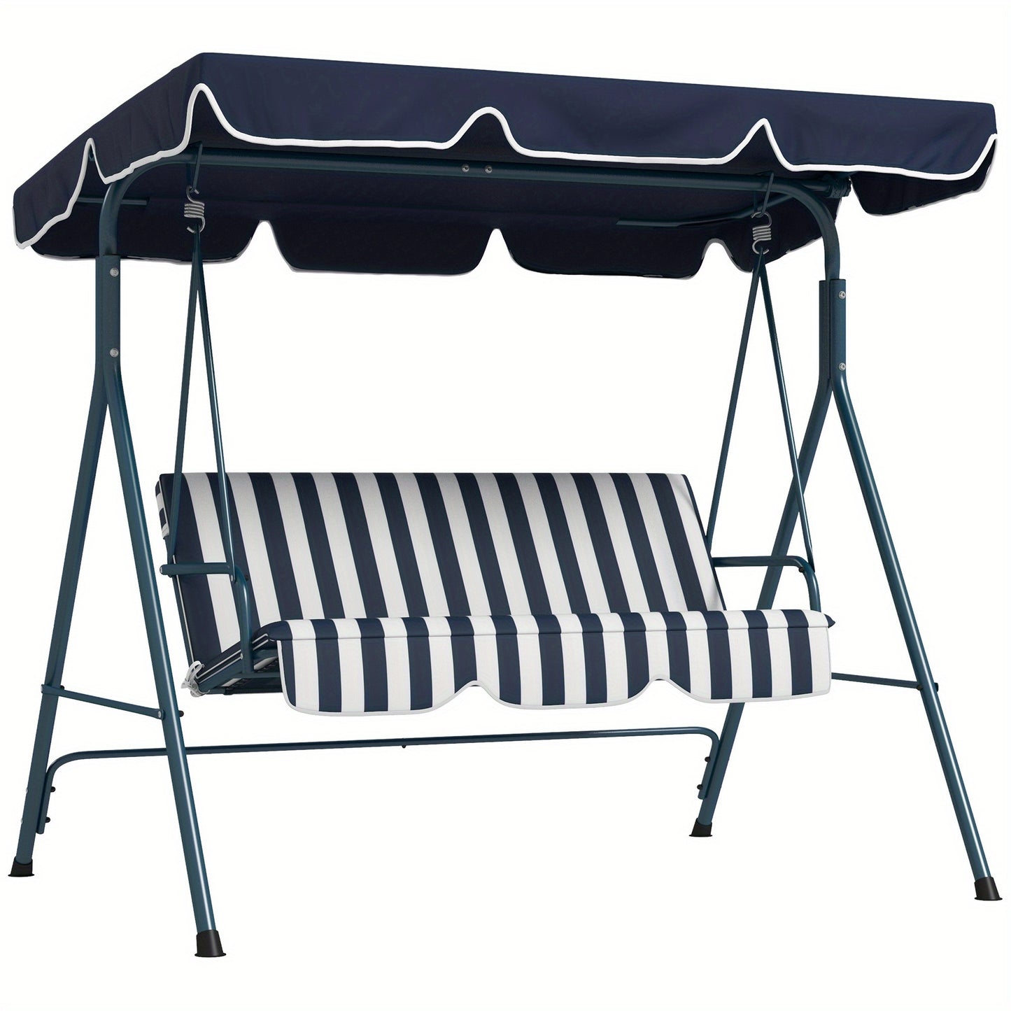 Three-Person Swing Chair Featuring an Adjustable Canopy, a Garden Swing Seat with a Steel Frame, And a Padded Seat in Blue And White