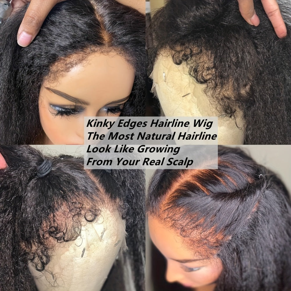 13x4 Lace Front Wig Human Hair – Yaki Straight 4C Kinky Edges, Transparent Lace, Pre-Cut Natural Hairline with Curly Baby Hair, Wigs for Black Women (50.8cm–60.96cm)