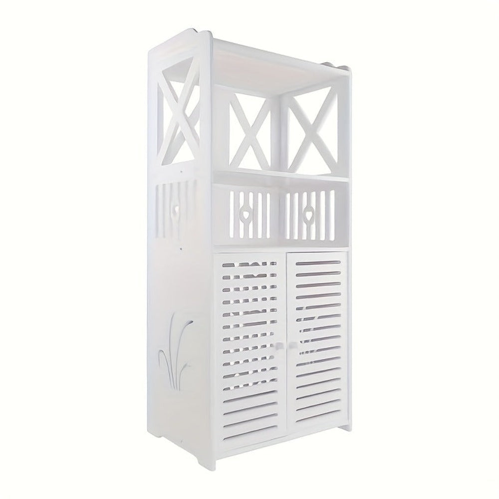 Freestanding Bathroom Floor Cabinet with Double Door & Shelf – Slim PVC Storage Unit for Bathroom, Kitchen & Hallway, White 40x25x90cm