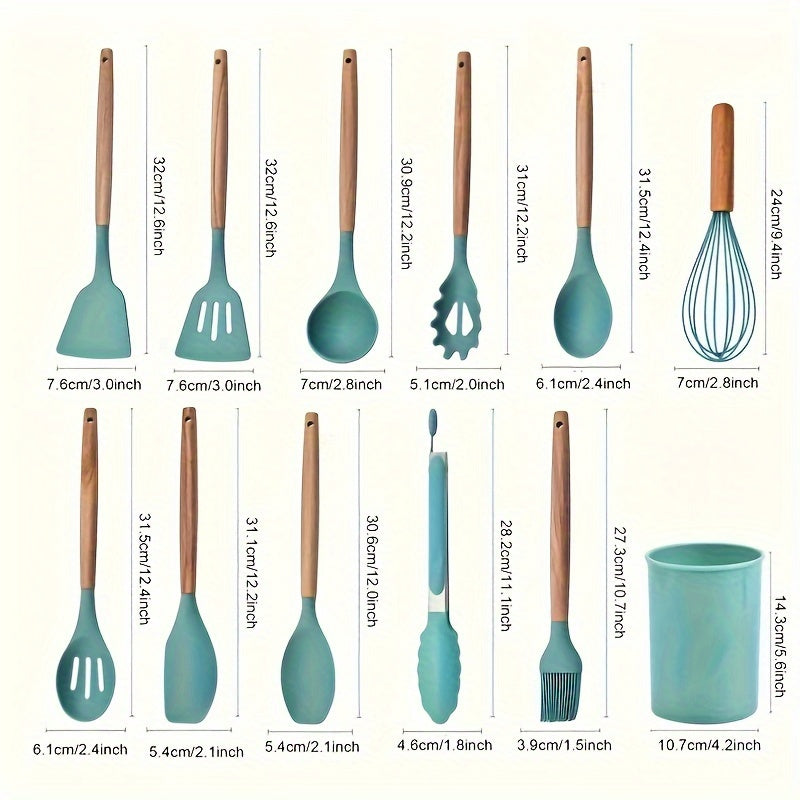 Silicone Kitchen Utensils Set with Holder 12pcs Cooking Utensils Set with Wooden Handle Heat Resistant Kitchen Gadgets Utensil Set Kitchen Additions