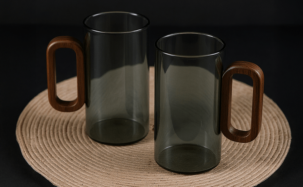 6pcs Glass Water Cups with Wooden Handle, 360mL Smoky Blue Drinking Glasses for Tea, Coffee & Cold Beverages, Modern Household Living Room Cups
