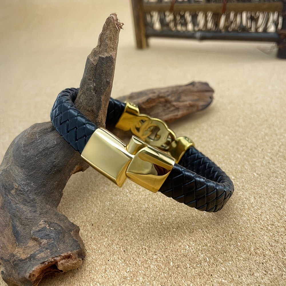 1pc Leather Bangle bangle bracelet, Trendy Hip-Hop Style, 304 304 Stainless Steel 18K Gold Plated 18K Gold Plated-Plated Men'S Bangle bangle bracelet