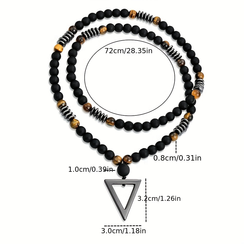 1pc Fashionable Retro Jewelry Yellow Tiger Eye Black Agate with Hematite Stone Triangle Pendant for Men'S Original Stone Necklace for Daily Wear