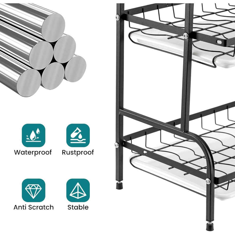 3-Tier Dish Rack Dish Drainer Rack with Drainboard Large Over Sink Drying Rack Kitchen with Cutlery & Cutting Board Holder Space-Saving Kitchen Draining Board with Drip Tray