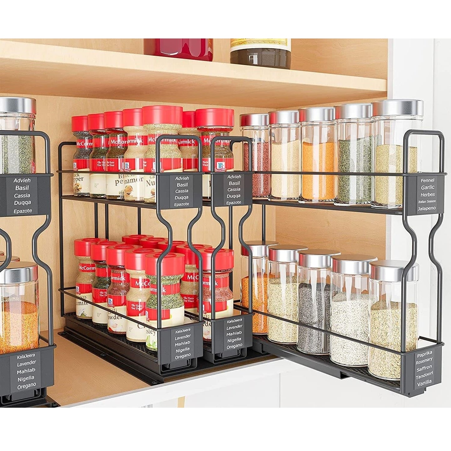 2 Tier Pull Out Spice Rack for Inside Cupboard, Sliding Spice Rack Cabinet Organiser Rack Metal Seasoning Rack Free Standing, Black