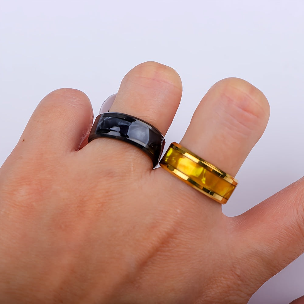 10 Retro Fashion Shiny Multicolor Shell Wood Grain Stainless Steel Rings, Exquisite Men'S Jewelry, Daily Holiday Banquet Party Wear Birthday Anniversary Gift Random Style Delivery Without Box