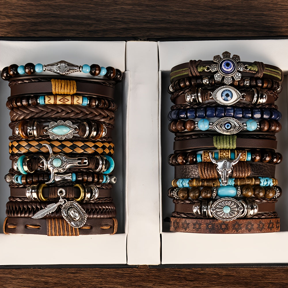 18pcs Vintage Western Style Adjustable Multi-Layer Handmade Beaded Bangle Bangle Bracelet Set