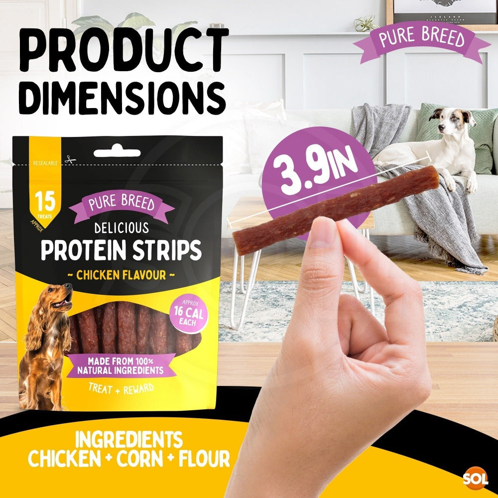 Chicken Dog Treats Protein Strips 12 Pack 1.8kg – High Protein Dog Chew Strips, Low Calorie, Resealable Pouches 150g Each | Pure Breed Bulk Dog Treats