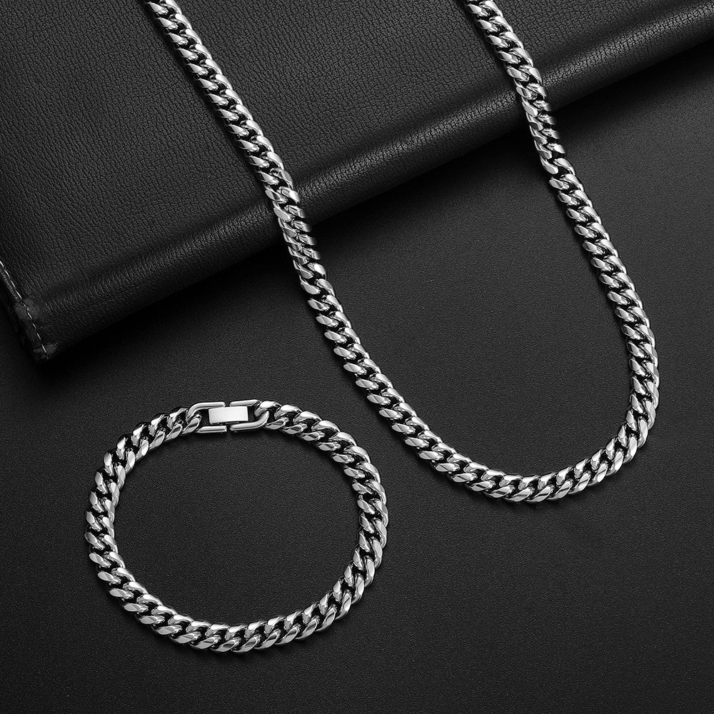 2pcs/ set 8mm 316L Stainless Steel Encrypted Cuban Chain Necklace Bracelet Fashion Jewelry Set for Men Handsome Hip Hop Rock Style Party Gift Accessories