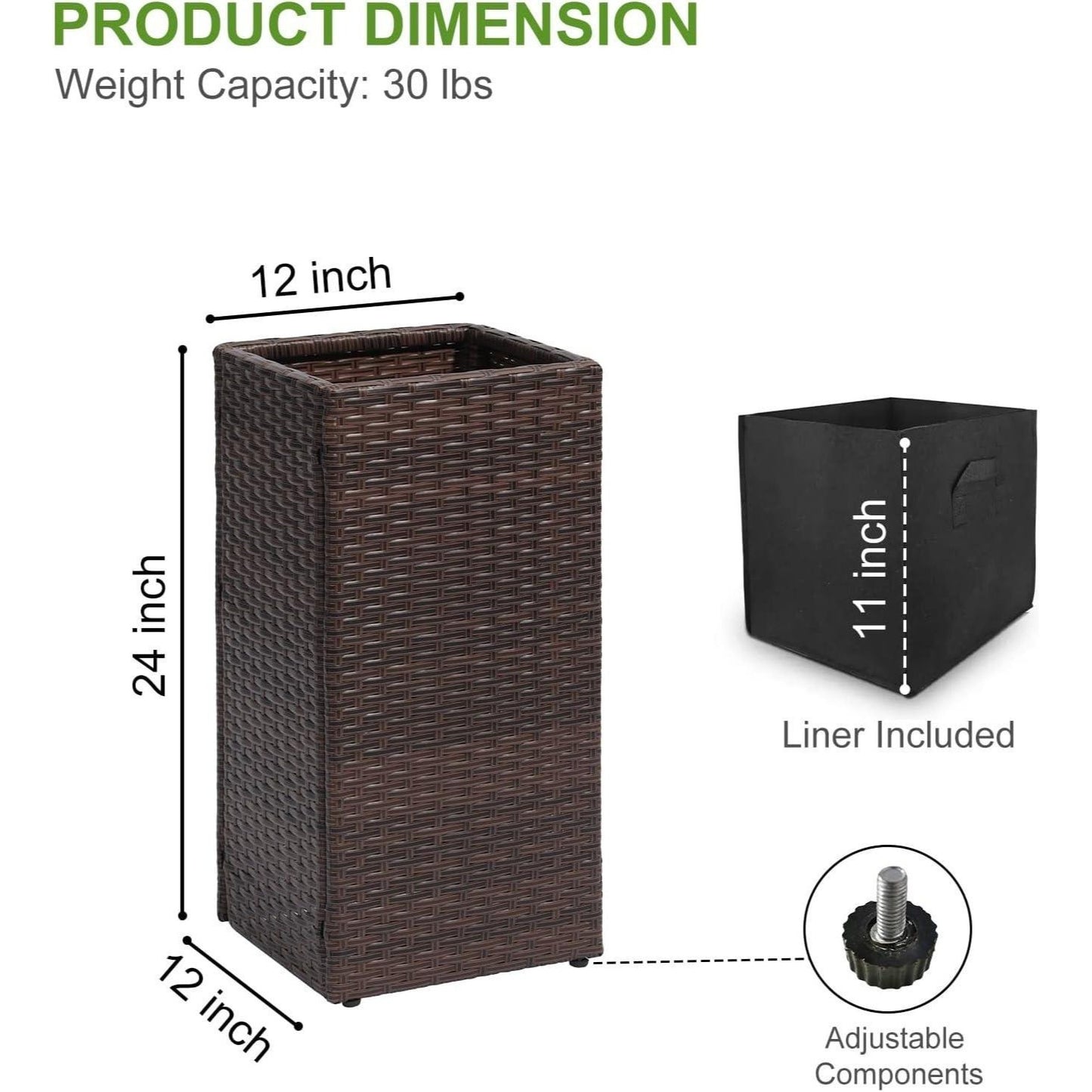 Taylor & Brown 2 Pack Tall Rattan Wicker Planters with Removable Liner, Large Indoor Outdoor Plant Pots 61cm x 30.5cm
