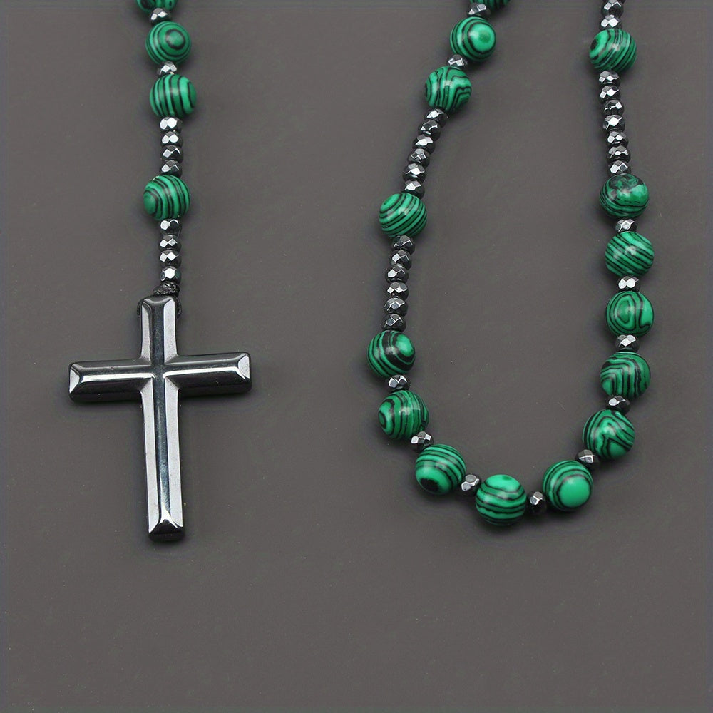 1pc Fashion Vintage Style Jewelry Round Bead Malachite Black Howlite Cross Religious Prayer Beads Men's Long Necklace for Daily Wear